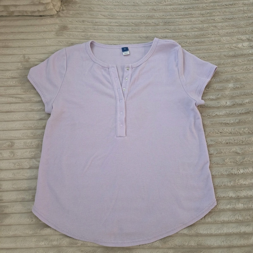 Old Navy Womens M Waffle Knit Henley Shirt Short Sleeve Light Purple Lavender